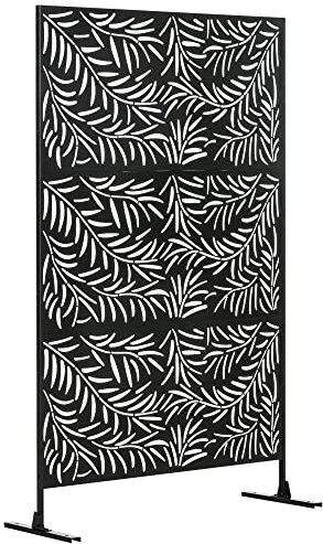 Outsunny Separé Divisorio Decorativo da Esterno con Motivi a Rami di Salice e 2 Piedini, Paravento da Giardino Alto in Acciaio, per Balcone e Terrazzo, 122x45x198 cm, Nero