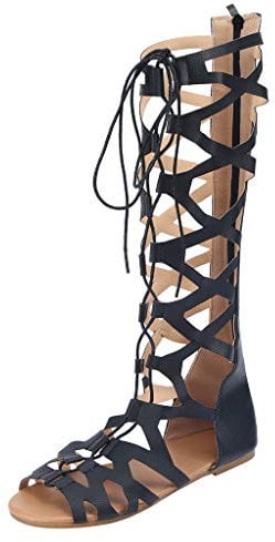 PAIDAXING Sandali gladiatore da donna UK retrò al ginocchio con fibbia alta sandali piatti con punta aperta in oro nero scarpe da trekking romane da donna stivali estivi vintage, A 2 Nero, 38.5 EU