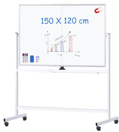 maxtek Whiteboard mit Ständer 150 X 120cm, Doppelseitiges Magnetisches Aluminiumrahmen Mobiles Whiteboard mit Stifte, Schwämme, Tafellöscher