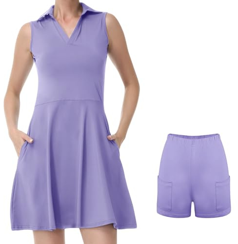 Bezioner Vestito Tennis Donna Vestito Polo con Pantaloncini Vita Alta Abiti da Golf con Tasche Senza Maniche Abito Sportivo Rosa L