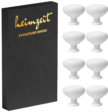 heimzeit Poignées de Placard pour Portes, Tiroirs et Commodes en Aluminium de Haute Qualité [8 Pièces, Rond et bombé] Couleur: Blanc, Design Élégant, Boutons de Meuble avec Poignée à un trou et vis