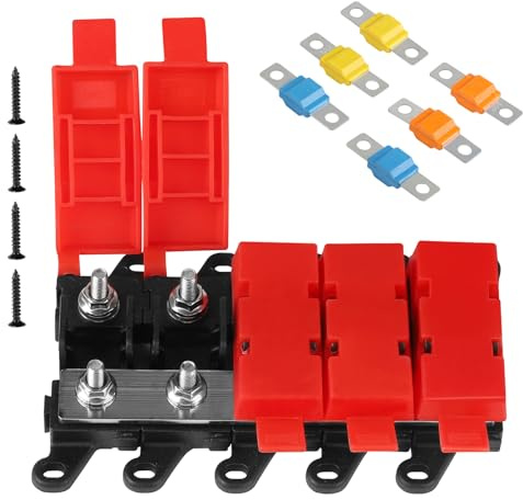 DBREAKS 4 Fach Midi Sicherungshalter Messing Stromverteiler mit Sicherungen | Messing-Stromverteiler, mit 30A 60A 100A Sicherungen, Silikonkautschukabdeckung, für Boot, Wohnmobil, Auto-Audio