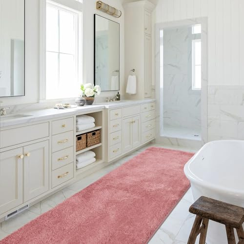 SOANNY Pink Bath Mat, Large Shower & Tub Runner Bathmat Rug, Non-Slip, Machine Washable, Absorbent, Soft Plush Floor Mat for Hallway Kitchen Entryway Laundry Bedside Patio Door, 60 x 120 CM