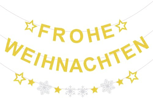 Deko Girlande Weihnachten - Frohe Weihnachten Banner,Glitzer Gold Weihnachtsdeko Girlande,Stern Schneeflocken Hängende Papiergirlande Weihnachtsgirlande für Weihnachts Haus Party Wand Innen Außen Deko