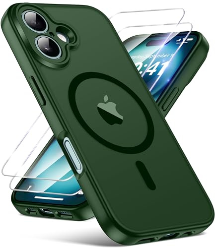 FLLAO Magnetic for iPhone 16 Case with 2 HD Screen Protector, Green | 2 Tempered Glass, Full Camera Protection, Military-Grade Shockproof, Slim Translucent Matte Hard Back Bumper Phone Cover