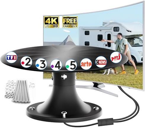 Antenna TV esterna amplificata a lungo raggio - Potente ricezione 4K/1080p DVB-T/T2 per TNT HD - Antenna digitale resistente alle intemperie (K-FR-RV5011-Black)