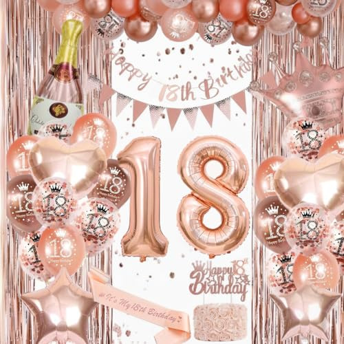 Omrel Rose Gold 18th Birthday Decoration for Girls - Happy 18th Birthday Banner For Girls, Triangle Flag Banner, Number 18th Birthday Balloons, Foil Curtains for Party Decorations