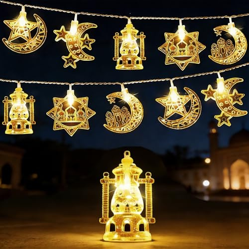 Ramadan Lichterkette,1.5M 10 LED Eid Ramadan Deko Lichterkette Batterie | Islamische Stern Mond Lichterketten,Muslim Eid Mubarak Licht,Mubarak Dekolicherkette für Innen Außen
