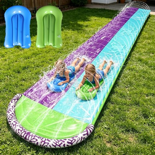 Wasserrutsche Garten, 6.1x1.4M Doppel Wasser Rutsche, Wasserspielzeug Wasserrutschmatte mit 2 Bodyboards, Wasserrutsche Kinder Draußen mit Sprinkler, Rasen-Wasserrutsches für Kinder&Erwachsene (Typ-3)