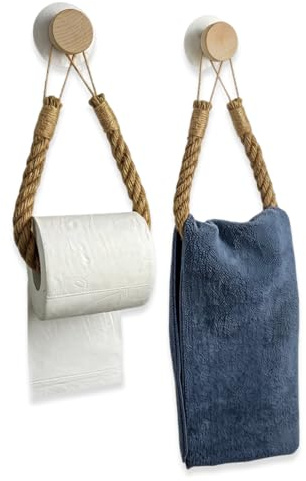 WUMZIRA 2er Set Toilettenpapierhalter ohne Bohren, Vintage Handtuchhalter aus Holz & Seil, Boho WC Papier Halterung für Badezimmer & Gäste-WC, Maritim Deko Wandrollenhalter Natur