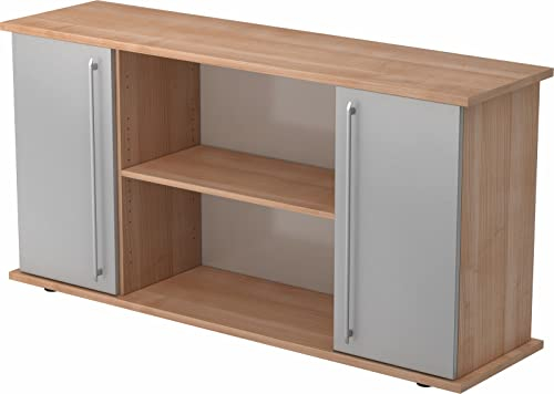 bümö Sideboard Nussbaum/Silber mit Flügeltüren & Regal - Büromöbel Sideboard Holz 166cm breit, 45cm schmal, Büro Schrank für Flur oder als Wohnzimmer-Kommode mit Relinggriffen