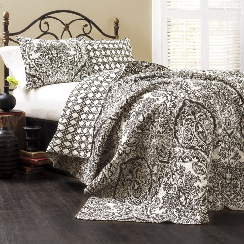 Lush Decor Aubree Steppdecke, Paisleymuster, Damastmuster, wendbar, 3-teilig, leicht, Bettdecke, Tagesdecke, Set, Kingsize, Schwarz & Weiß