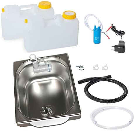 Wasseranlage Imbisswagen Verkaufsanhänger Campingküche 230V / 12V Bausatz Spüle 325x265x200 Integrierten Wasserhahn Barwig Grau Raumsparkanister (ad-ideen)