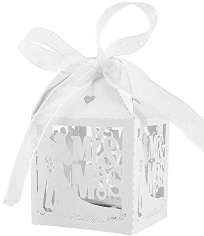 JZK 50x Sposa sposo Mr & Mrs scatolina portaconfetti porta confetti portariso carta bianco scatola bomboniera segnaposto per matrimonio nozze anniversario fidanzamento festa addio al nubilato