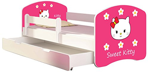 ACMA Kinderbett 160x80 Jugendbett mit Einer Schublade und Matratze, Rausfallschutz, Lattenrost Weiß, stabil, Kinderzimmer Bett, Jugendmöbel Design 16 Sweet Kitty 2