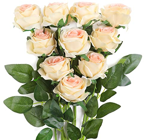 JUSTOYOU Bouquet di fiori di seta rosa artificiale Home Office Composizioni di nozze Champagne (10 PZ)