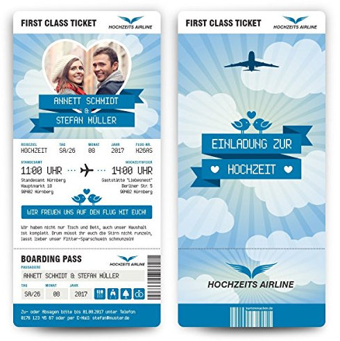 Hochzeit Einladungen (80 Stück) - First Class Flugticket Blau - Hochzeitskarten Foto Abriss