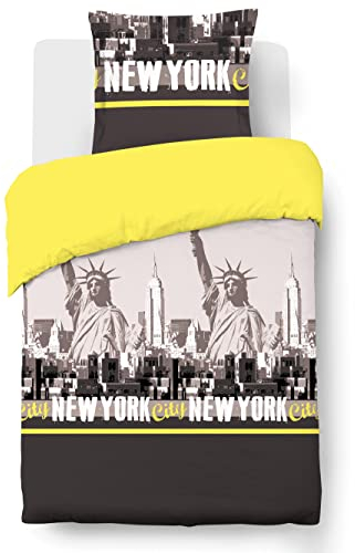 Vision - Bettwäsche New York gelb – Bettbezug 140 x 200 cm mit 1 Kissenbezug 65 x 65 cm – 100% Baumwolle