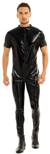 Agoky Herren Ganzkörperanzug Lack Leder Optik Body Kurzarm/Langarm T-Shirt mit Langer Hose Ouvert Männer Enge Bodysuit Kostüm Catsuit Einteiler Clubwear Schwarz 3XL