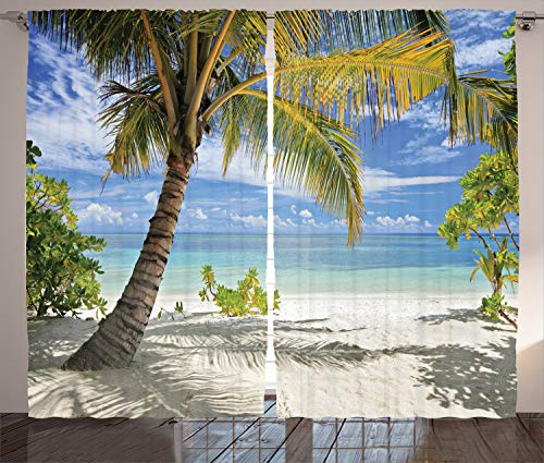 ABAKUHAUS Tropisch Rustikaler Vorhang, Palmen Küste, Wohnzimmer Universalband Gardinen mit Schlaufen und Haken, 280 x 245 cm, Kokosnuss Blau