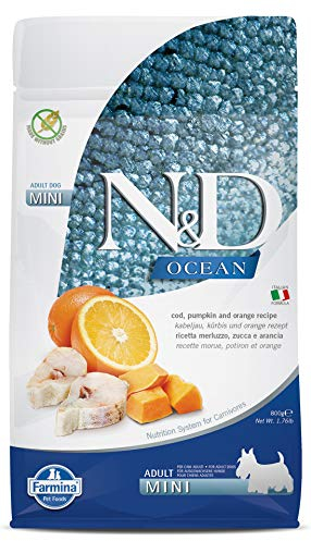 Farmina N&D Ocean Adult Mini Pellets Hundefutter (Trockenfutter, mit hochwertigen Vitaminen und natürliche Antioxidantien, ohne Mais, Zutaten: Kabeljau und Orange, Portionsgröße: 800 g)