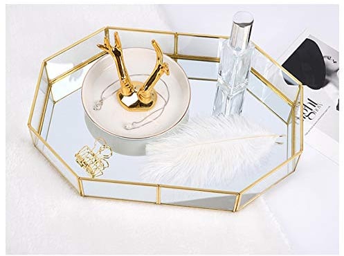 Bandeja decorativa de cristal dorado con espejo, bandeja decorativa de metal poligonal, organizador de perfume, bandeja de maquillaje para tocador, tocador, baño, dormitorio (pequeño)