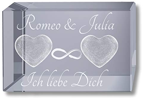3D Kristall Quader L 80mm | 2 Herzen und Unendlichkeit | Namen und Liebsspruch graviert | Geschenk der Liebe