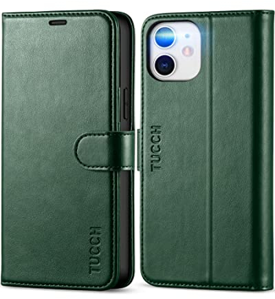 TUCCH Hülle für iPhone 12 Pro, iPhone 12 Etui [Schützt vor Stößen] Handyhülle mit Magnetverschluss [Verdicktes TPU] [Kartenfach], Booklet für iPhone 12/12 Pro (6,1 Zoll) Schwarzgrün