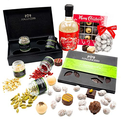 Hallingers Weihnachtliches Geschenk-Set mit Gin, Pralinen & mehr als Geschenkkorb zu Weihnachten - Made in Germany