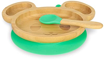 BIOZOYG Bambus-Teller-Set Maus I Saugnapf-Teller mit Löffel - FSC-zertifiziert I süßes Bambus Holz-Schüssel-Set Kleinkind - Kinder-Teller & Snack-Schale I Baby Bambus-Geschirr Grün