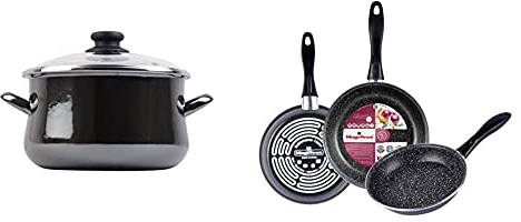 Magefesa Glass Olla 24cm de acero vitrificado exterior negro cristal. Antiadherente bicapa reforzado + K2 Gransasso Juego de 3 sartenes 18/20/24cm de acero vitrificado exterior gris moteado