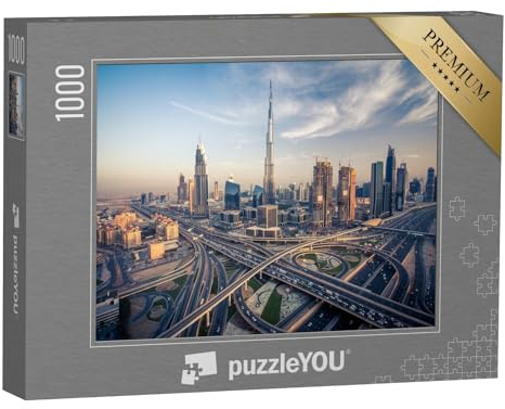 puzzleYOU: Puzzle 1000 Teile „Skyline von Dubai mit den verkehrsreichsten Schnellstraßen“ – aus der Puzzle-Kollektion Dubai, Brücken, Skylines, Burj Khalifa, Aus Aller Welt, Städte Weltweit