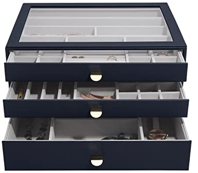 Stackers Navy Pebble Supersize Jewellery Box - Set of 3 (with drawers)