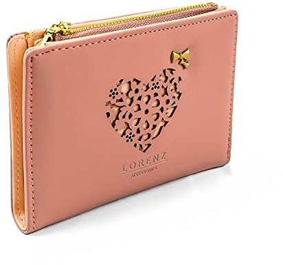 Woodland Leathers Portefeuille pour femme et porte-cartes RFID avec motif de cœur décoratif, portefeuille à deux volets en simili cuir avec fermeture éclair pour femme avec plusieurs emplacements pour