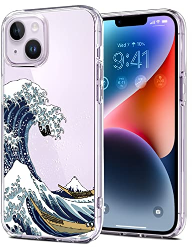 Unov Case Compatible with iPhone 14 Plus Case Clear with Pattern Slim Protective Soft TPU Bumper Embossed Design 6.7 Inch (Great Wave)