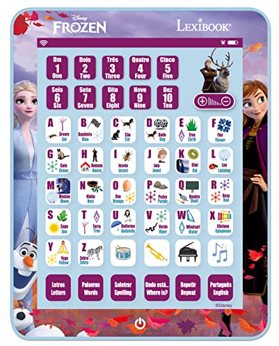 Lexibook Disney La Reine des Neiges JCPAD002FZi4 Tablette éducative bilingue pour Apprendre Les Lettres, Les Chiffres, Les Mots, l'orthographe et la Musique, Langues Anglais/Portugaise, Bleu