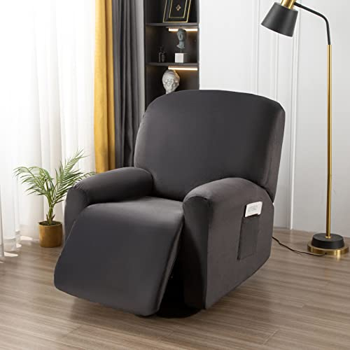 OKYUK Housse de Fauteuil Relax, Housse de Fauteuil inclinable Haute élasticité pour Fauteuil inclinable 4 pièces avec Poches latérales, Housses de Protection Amovibles et lavables(Gris foncé)