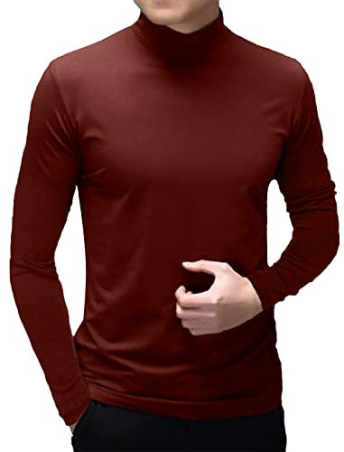 Mens Turtleneck Long Sleeve T Shirt Cotton Mock Neck Shirts Turtleneck Sweater Basic Stand Collar Tops Red, L