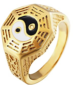 HIJONES Männer Frauen Yin Yang Ring aus Rostfreier Stahl Ba Gua Amulett Altchinesischer Geschnitzter Ring Gold Größe 70 (22.3)