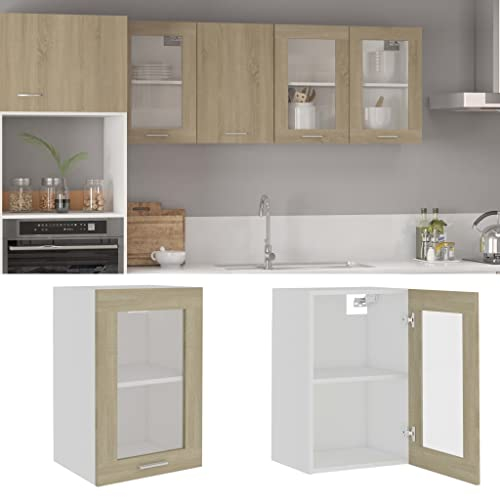 homiuse Hängeglasschrank Sonoma-Eiche 40x31x60 cm Holz KüChenschrank HäNgeschrank KüChe Vorratsschrank Schrank Klein Apothekerschrank KüChenschräNke Haushaltsschrank Wandschrank HäNgend Zwei Regale