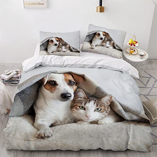 BUMIYA Kinder Bettwäsche Set 135x200 3D Druck Katze Und Hund Bettwäsche 100% Mikrofaser Weiche mit Reißverschluss Süße Tiere Jungen Mädchen Bettbezüge mit 2 Kissenbezug 80x80 cm