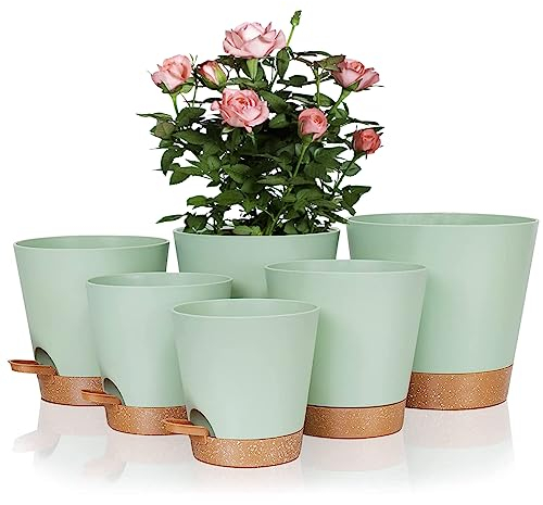 6 Pack Self Watering Plant Pots, 8/7/6.5/6/5.5/5 Inch Plastic Plant Pot, Watering Plant Pots Indoor with Drainage Holes, Reservoir and Watering Lip, Plastic Flower Pots for All House Plants Indoor