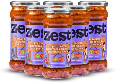 Zest Vegan Tomato Mushroom & Smoked Garlic Pasta Sauce Pack of 6 x 340g, Plant Based, Gluten & Dairy Free