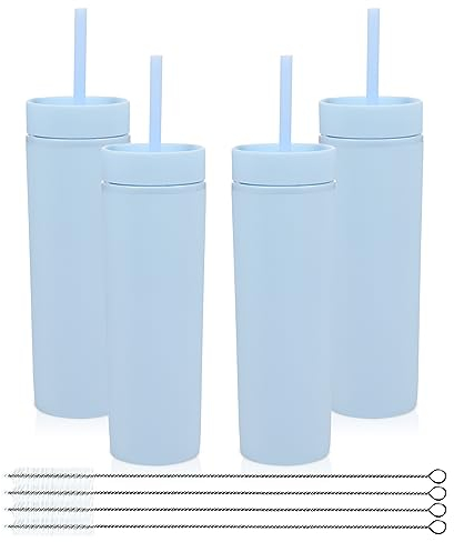 Volhoply Vaso delgado de plástico de 16 onzas con tapa y popote a granel, paquete de 4, vasos acrílicos mate aislados de doble pared sin BPA, taza de viaje para café helado, taza de viaje para café.