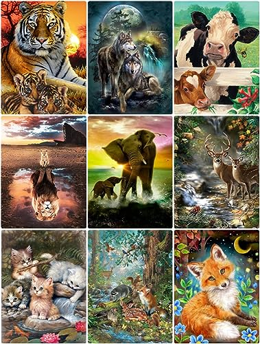 9 Pack DIY 5D Tiere Diamant Painting für Erwachsene - Crystal Diamond Bilder Anfänger, Full Drill Tier Familie Dimond Malerei Bild, Diamanten Edelstein Kunsthandwerk für Home Wall Decor 30x40cm