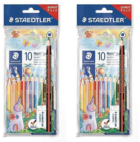 Staedtler Jumbo Buntstifte Noris Club, erhöhte Bruchfestigkeit, Dreikantform, ABS-System, kindgerecht nach DIN EN71, Set mit 10 brillanten Farben, Radierer und Bleistift, 61 SET7 (Packung mit 2)