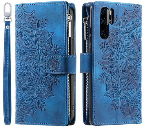 VEEMOS Handyhülle für Huawei P30 Pro hülle Klappbar Blumen Handytasche Schutzhülle Klapphülle mit Kartenfach Handy Tasche Book Cover Flip Case Ständer - Blau