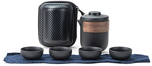 Juego De Té De Viaje Kungfú Chino Tetera De Cerámica Hecha A Mano Con 1 Tetera Y 2/4 Tazas De Té, Juego De Té Portátil Para Acampar Para Oficina(Black 4 Cup)