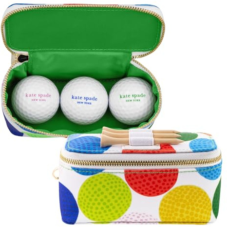 Kate Spade New York Damen-Golf-Set, bestehend aus 3 Holz-Golf-Tees und 3 Bällen mit Reißverschlusstasche, Goldverschluss zur Befestigung an der Tasche, Golfball-Muster, Minigolf