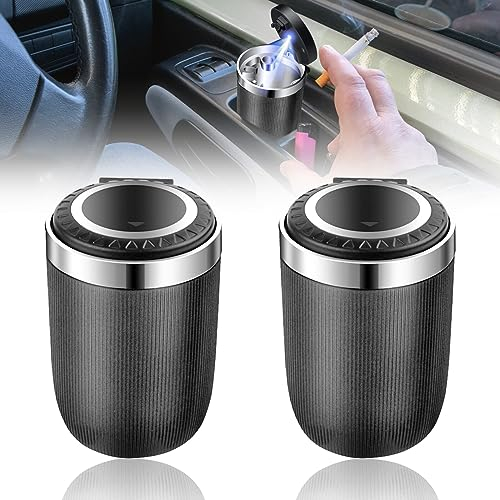 Cendrier de voiture avec couvercle, lot de 2 cendriers de voyage LED, cendrier portable portable, cendrier auto-extinguible, anti-odeurs, cendrier pour voiture, camionnette, extérieur, camping, maison